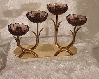 Vintage Gunnar Ander A candlestick Ystad Metall Sweden purple glass flowers and brass. classic Swedish candlestick