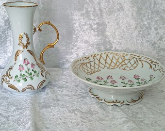 Royal Bavaria Cake Plate and Carafe Set: Hand-Painted Linnea Flowers, Gold Decor