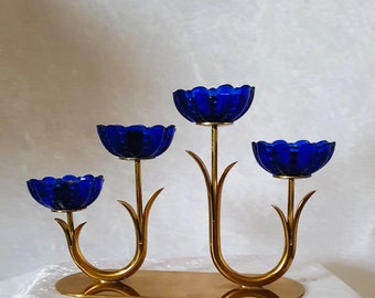 Vintage Gunnar Ander Brass Candlestick: Cobalt Blue Glass Flowers, Ystad Metall Sweden