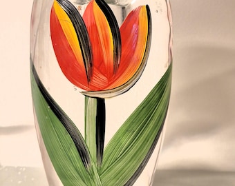 Kosta Boda Tulip Candle Holder/Clear Art Glass with Red Tulip/Swedish design/ Ulrica Hydman Vallien/ signed