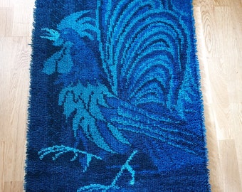 Scandinavian MidCentury Modern Vintage Rya Rug fromsweden motive Rooster