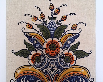 Tapestry of linen fabric with traditional swedish kurbit print, vintage wallhaning