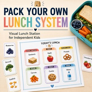 Puede incluir: Un sistema visual Pack Your Own Lunch para niños que incluye una tabla grande titulada Today's Lunch con categorías para plato principal, fruta, granos, verdura, dulce y bebida. Incluye tarjetas de alimentos y una caja bento azul.