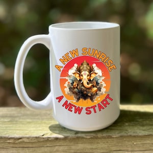 Ganesh Coffee Mug | Sun Rise Ceramic Mug | 15oz | New Day | New Start | Ganesha | Elephant God | Hindu God | India | Remover of Obstacles