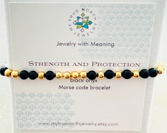 Strength Black Onyx Morse Code Bracelet.For Courage, Harmony and Protection.Minimalist.Encouragement Gift.Wellness Bracelet.Personalize.