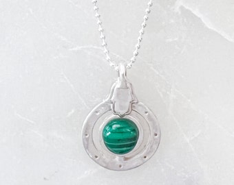 Transformation Malachite in Hamsa Design. For Protection, Harmony,Recovery.Sterling Silver.Minimalist.Encouragement Gift.Personalize.