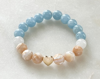 Center Yourself with a Heart Bracelet with Moonstone, Aquamarine and Mother of Pearl gemstones. Emotional Balance, Protection.Mindful Gift.