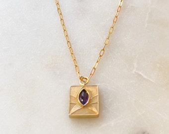 Overcome with this Lotus Pendant set with a Mental Strength Amethyst Gemstone. Minimalist Encouragement. 18kt Vermeil Sustainable. Custom.