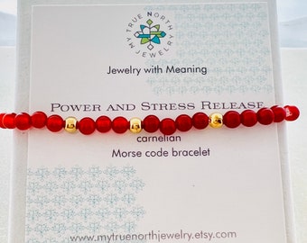 Inner Power Carnelian Morse Code Bracelet. Confidence and Stress Release.  Expandable. Manifest, Encouragement Gift. July Birthstone