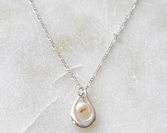 Inner Strength Pearl in a Water Drop Sterling Silver Pendant. For Wisdom, Peace. Minimalist.Encouragement Gift. Personalize. June Birthstone