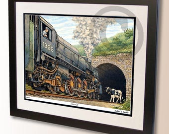 May include: Framed print of a vintage steam train, number 1366, emerging from a tunnel. A cow stands on the tracks. The artwork is signed and framed in a black frame.