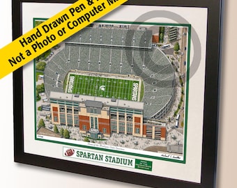 Spartans Stadium Wall Art - Michigan State Pen and Ink Drawing - College Football Fan Gift