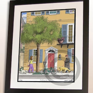 Charleston SC wall art, Golden Retriever art print, Dog lover walking the dog poster art