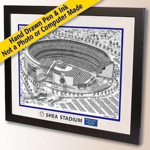 Shea Stadium Wall Art – New York Baseball Pen and Ink Stadium Drawing, Baseball Fan Gift