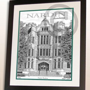 May include: Framed black and white print of Nardin Academy, featuring the school's facade with an American flag. The print is set against a white mat with a green border, encased in a black frame. The school's name is displayed at the top.
