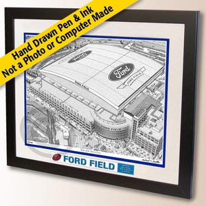 Ford Field Wall Art – Detroit Football Pen and Ink Stadium Drawing, Football Fan Gift