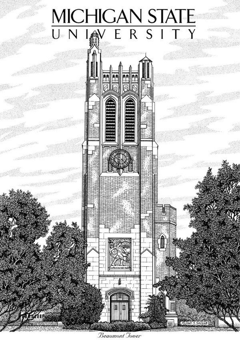 Michigan State University pen and ink drawing by Michael Smith