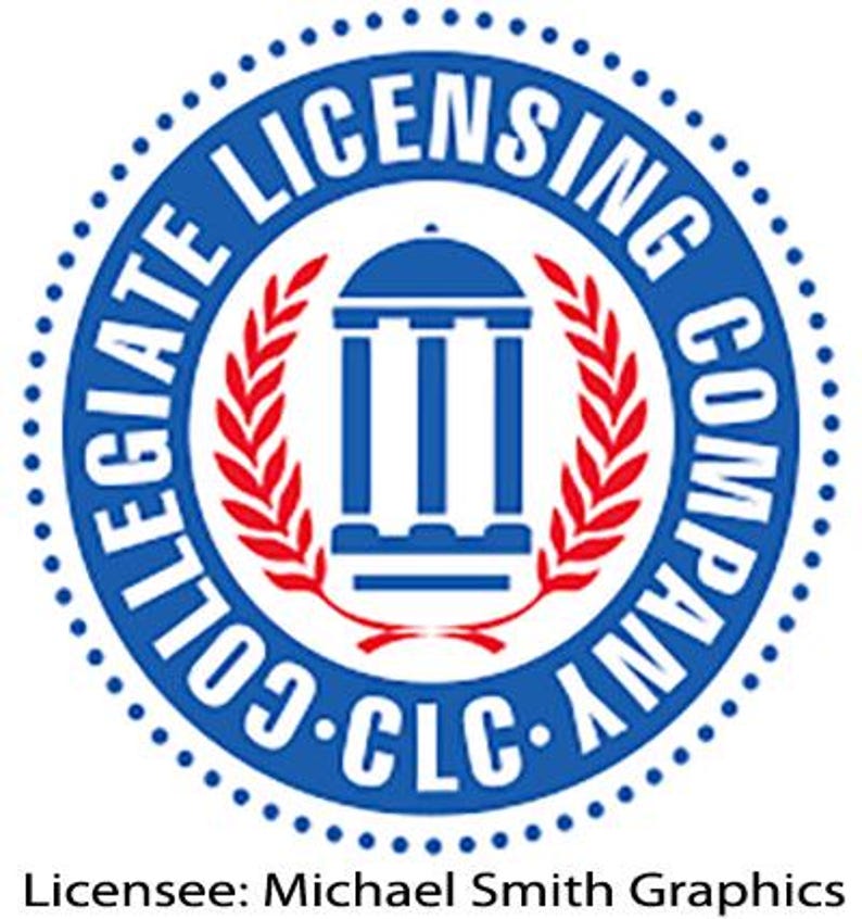 May include: Blue and red Collegiate Licensing Company logo with a white building and a laurel wreath. The text reads "Collegiate Licensing Company - CLC"