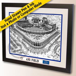 Citi Field wall art, New York Baseball Stadium pen and ink drawing, NY Baseball fan gift