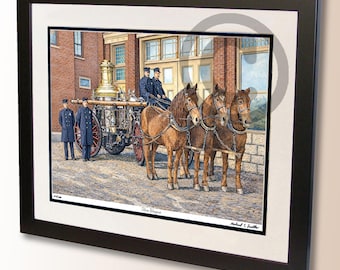 May include: Framed print of a vintage fire wagon pulled by three brown horses. The print depicts a historical scene with uniformed figures and a brick building in the background. The title "Fire Wagon" is visible.