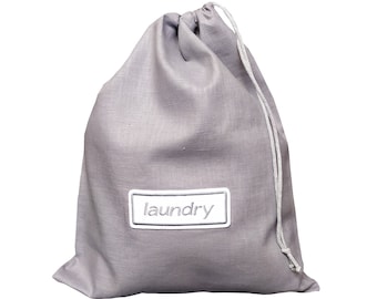 Laundry bag linen gray customizable with name tag labeled as desired