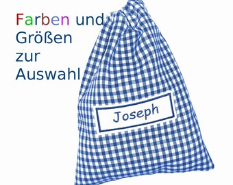 Laundry bag personalized with embroidered name checked cotton fabric