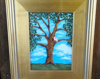 original landscape painting of tree on canvas, 6"x8" w/frame measures 9"x11" "Break Time"