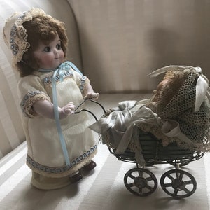 RARE and Precious KESTNER # 111 GOOGLY Eyed Antique Bisque Doll  Jointed Limb 6” W/ Miniature Pram and Baby Vignette
