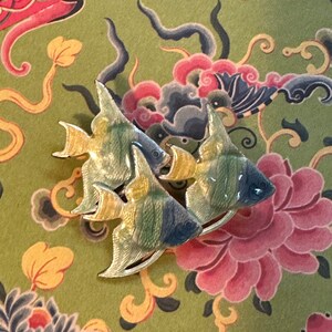 Colorful Guilloche Enamel Brooch with Three Tropical Angel Fish