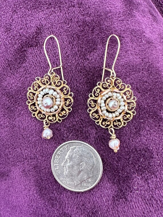 Antique Georgian Gold Lacy Filigree and Pearl Ear… - image 4