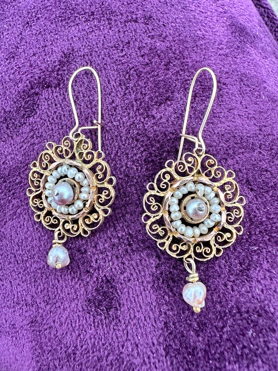 Antique Georgian Gold Lacy Filigree and Pearl Ear… - image 1