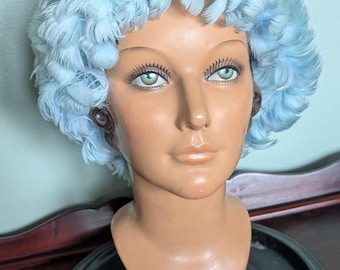 Vintage Baby Blue Feather Hat, 1960s Mesh Cap