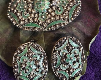 Antique Chinese Enamel Brooch and Earrings: Silver Cannetille Parure