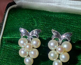 Boucles d'oreilles vintage perle et grappe de raisin en argent sterling à visser