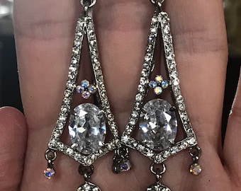 Dazzling Art Deco Style Aurora Borealis and Crystal Rhinestone Chandelier Pendant Earrings