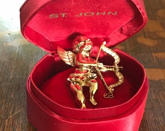 Rare St John Signed Designer Cupid Brooch in Original Box