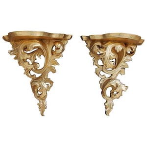 Pair of Carved Antique Italian Giltwood Baroque Wall Brackets
