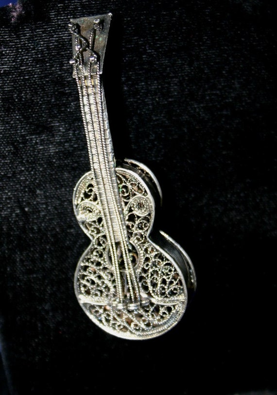 Vintage Sterling Silver Filigree Miniature Guitar 