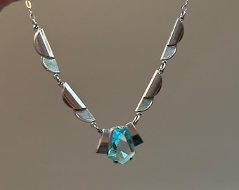 Art Deco Aqua Stone Necklace: Silver Geometric Bubbles, 1920s Flapper Style
