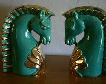 Mid Century Modern ROYAL HAEGER Style Glazed Pottery Horse Pony Heads in Teal and Gold