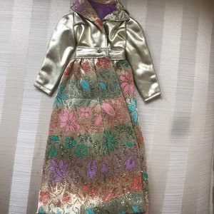 Vintage Mattel Barbie Silver Blues Purple Brocade and Gold Lame Maxi Coat