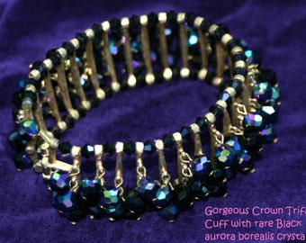 Vintage CROWN TRIFARI Cha Cha Bracelet with Black Purple Aurora Borealis Crystals