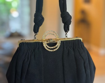 Darling vintage Sac à main de soirée en crêpe noir avec fermoir en strass