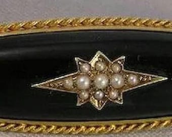 Victorian North Star Onyx and 14k Gold Brooch with Seed Pearls