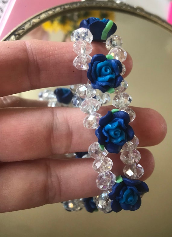 Gorgeous Crystal and Blue Fimo Rose Beaded Bracele