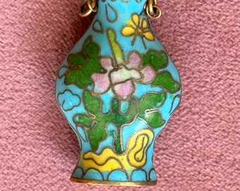Vintage  Miniature CHINESE Signed Vase Pendant in Blue Cloisonne