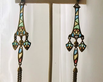 Phenomenal RARE Pair of Antique French Art Nouveau ~ Plique a Jour Chandelier Earrings Signed