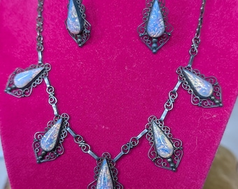 Vintage 1940s Mexican Sterling Silver Opal Art Glass Necklace & Earrings