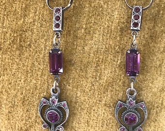 Vintage art nouveau paarse strass bungelen oorbellen