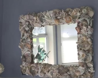 Designer Shell Framed Mirror: Coastal Beach House Decor (28x24)